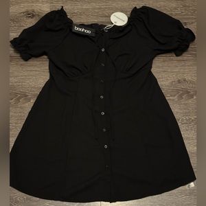 Boohoo Black off the shoulder puff sleeve button down dress